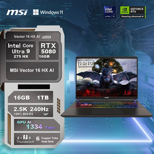 2025 MSI Vector 16 HX AI Gaming Laptop 16 hüvelykes 2.5K 240Hz IPS képernyő Notebook Ultra 9-275HX 64GB 4TB RTX5080 Netbook Számítógép PC