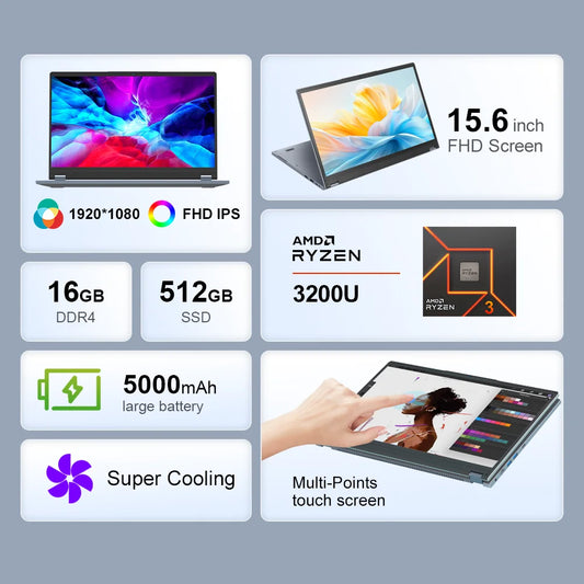 Ninkear YBOOK15 2 in 1 Laptop AMD Ryzen™ 3 3200U 15.6' 360° flip FHD IPS Touchscreen 16G+512GB SSD Backlit Keyboard Windows 11