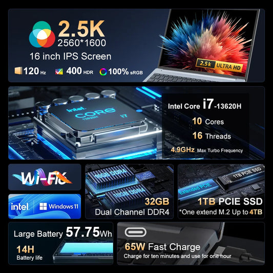 16 hüvelykes laptop, 13. generációs Intel i7-13620H processzorral, 32 GB DDR4 + 1 TB SSD-vel, 2,5K IPS technológiával, 120 Hz-es arcfelismeréses notebook, WiFi6, gamer számítógép