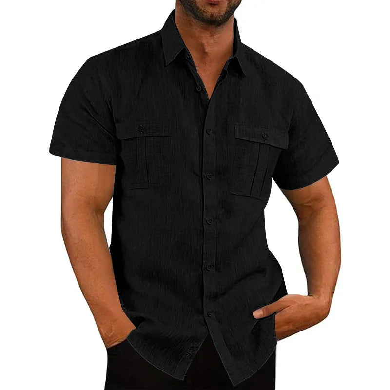 Men's Cotton Linen Short-Sleeved Shirt Summer Solid Color Stand-Up Collar Casual Beach Style plus Size S-5XL