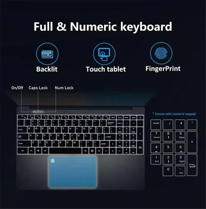 15.6" Portable Laptop Intel N5095 32GB Ram DDR4 2TB SSD Windows 11 Notebook Pc Gamer  Office Computer with Backlit Fingerprint