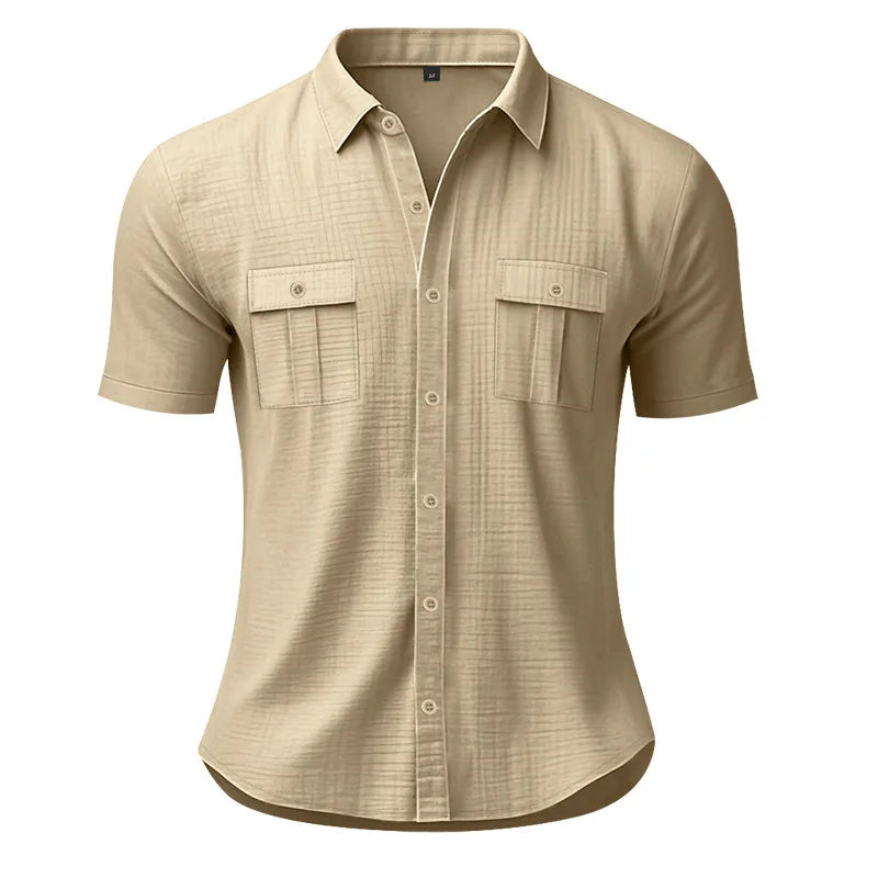 Men's Cotton Linen Short-Sleeved Shirt Summer Solid Color Stand-Up Collar Casual Beach Style plus Size S-5XL