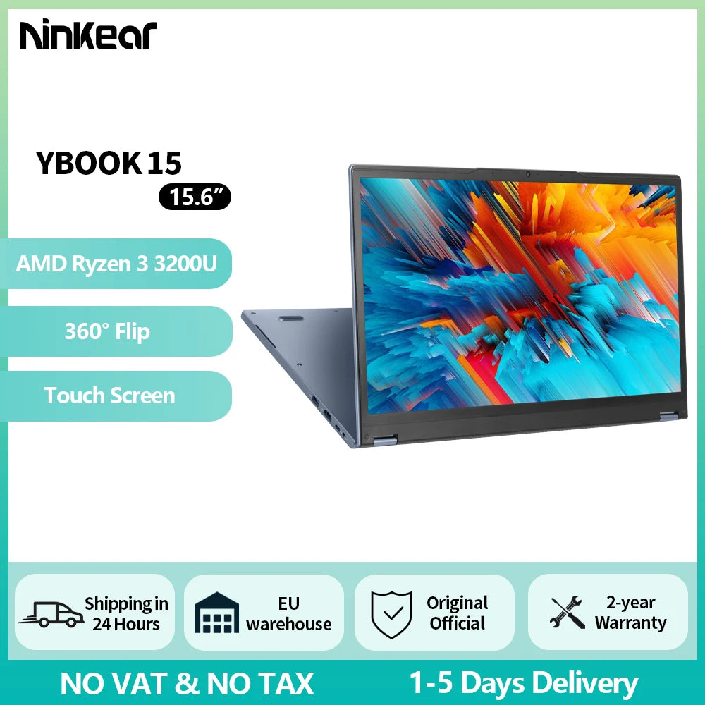 Ninkear YBOOK15 2 in 1 Laptop AMD Ryzen™ 3 3200U 15.6' 360° flip FHD IPS Touchscreen 16G+512GB SSD Backlit Keyboard Windows 11