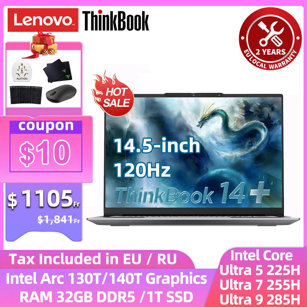 Lenovo ThinkBook 14+ laptop Ultra 5 225H/Ultra 7 255/Ultra 9 285H/Intel Arc 130T/140T 32GB DDR5 1T SSD 14,5 hüvelykes 120Hz-es képernyő
