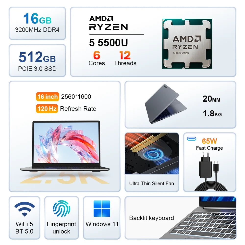 Ninkear A15 Pro Laptop 16" IPS 2.5K FHD AMD Ryzen5 5500U Notebook 16G DDR4 3200Mhz+512GB 54Wh Battery Windows11 PRO Computer