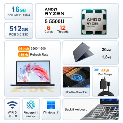 Ninkear A15 Pro Laptop 16" IPS 2.5K FHD AMD Ryzen5 5500U Notebook 16G DDR4 3200Mhz+512GB 54Wh Battery Windows11 PRO Computer