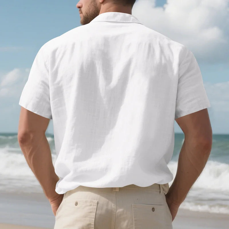 Men's Cotton Linen Short-Sleeved Shirt Summer Solid Color Stand-Up Collar Casual Beach Style plus Size S-5XL