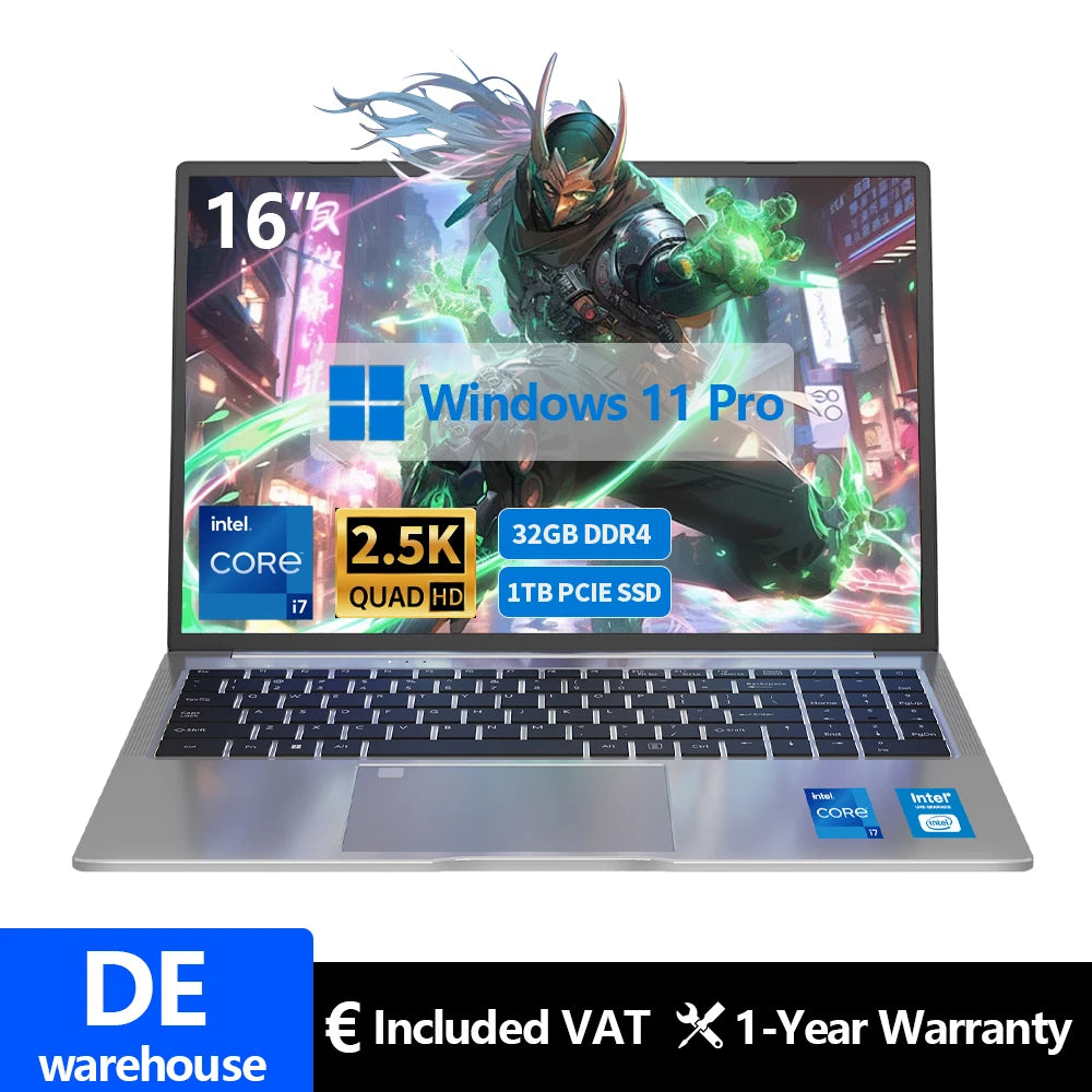 16 hüvelykes laptop, 13. generációs Intel i7-13620H processzorral, 32 GB DDR4 + 1 TB SSD-vel, 2,5K IPS technológiával, 120 Hz-es arcfelismeréses notebook, WiFi6, gamer számítógép