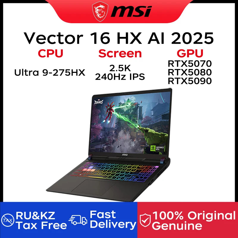 2025 MSI Vector 16 HX AI Gaming Laptop 16 hüvelykes 2.5K 240Hz IPS képernyő Notebook Ultra 9-275HX 64GB 4TB RTX5080 Netbook Számítógép PC