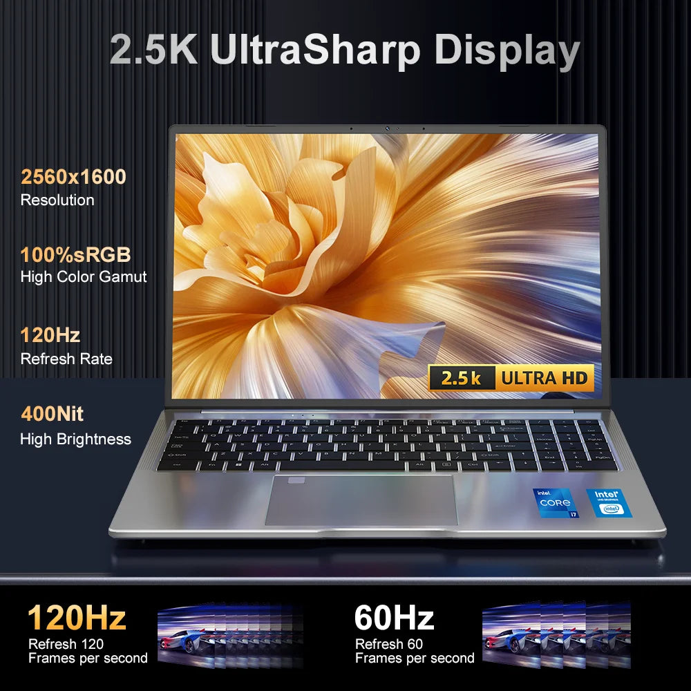 16 hüvelykes laptop, 13. generációs Intel i7-13620H processzorral, 32 GB DDR4 + 1 TB SSD-vel, 2,5K IPS technológiával, 120 Hz-es arcfelismeréses notebook, WiFi6, gamer számítógép