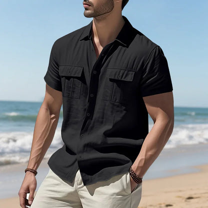 Men's Cotton Linen Short-Sleeved Shirt Summer Solid Color Stand-Up Collar Casual Beach Style plus Size S-5XL