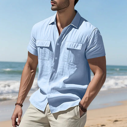 Men's Cotton Linen Short-Sleeved Shirt Summer Solid Color Stand-Up Collar Casual Beach Style plus Size S-5XL