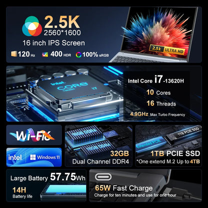 16 hüvelykes laptop, 13. generációs Intel i7-13620H processzorral, 32 GB DDR4 + 1 TB SSD-vel, 2,5K IPS technológiával, 120 Hz-es arcfelismeréses notebook, WiFi6, gamer számítógép