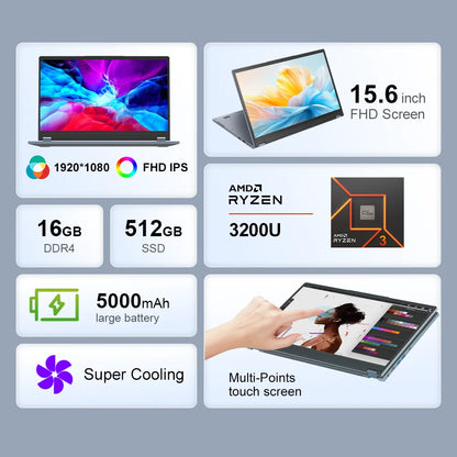 Ninkear YBOOK15 2 in 1 Laptop AMD Ryzen™ 3 3200U 15.6' 360° flip FHD IPS Touchscreen 16G+512GB SSD Backlit Keyboard Windows 11