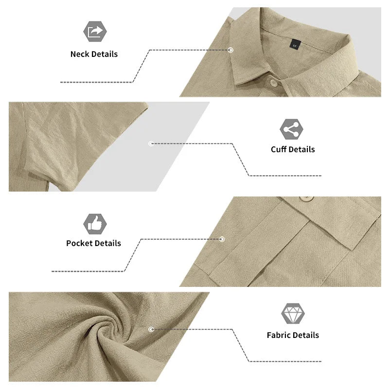 Men's Cotton Linen Short-Sleeved Shirt Summer Solid Color Stand-Up Collar Casual Beach Style plus Size S-5XL