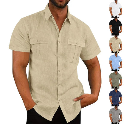Men's Cotton Linen Short-Sleeved Shirt Summer Solid Color Stand-Up Collar Casual Beach Style plus Size S-5XL