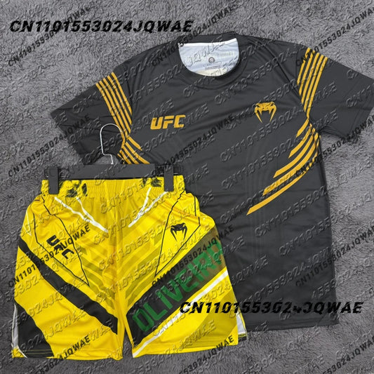Charles Oliveira UFC Yellow Edition Boxing Fighting Tee Shorts Men Lélegző Mez Birkózó Futó Izzadságelnyelő Szett