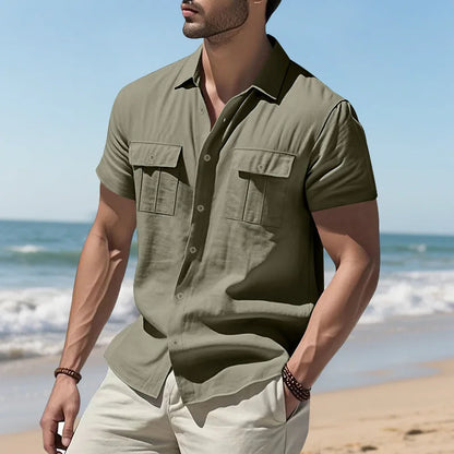 Men's Cotton Linen Short-Sleeved Shirt Summer Solid Color Stand-Up Collar Casual Beach Style plus Size S-5XL
