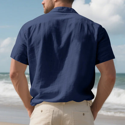 Men's Cotton Linen Short-Sleeved Shirt Summer Solid Color Stand-Up Collar Casual Beach Style plus Size S-5XL