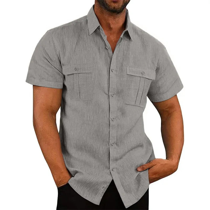 Men's Cotton Linen Short-Sleeved Shirt Summer Solid Color Stand-Up Collar Casual Beach Style plus Size S-5XL
