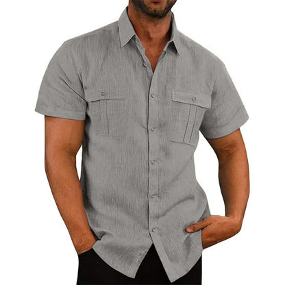 Men's Cotton Linen Short-Sleeved Shirt Summer Solid Color Stand-Up Collar Casual Beach Style plus Size S-5XL